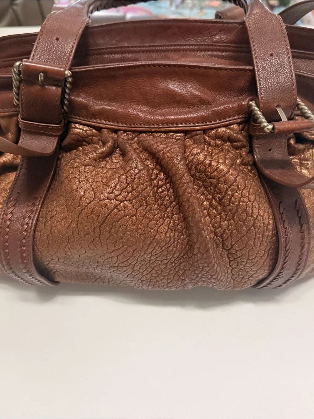 Cole Haan Metallic Brown Leather Double Handles Zippper Satchel Shoulder Bag